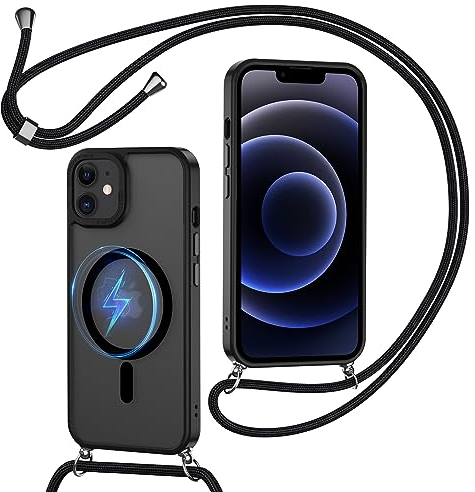 XTCASE Handykette für iPhone 12/12 Pro Hülle mit Band, Magnetisch Handyhülle kompatibel mit Magsafe, Matt Transluzente Kratzfeste PC Rückseite + TPU Bumper Case mit Umhängen, Schwarz