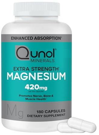 Qunol Magnesium Capsules 420mg, 100% DV, High Absorption Magnesium Supplement, Extra Strength, Bone and Muscle Health Supplement, 180 Count