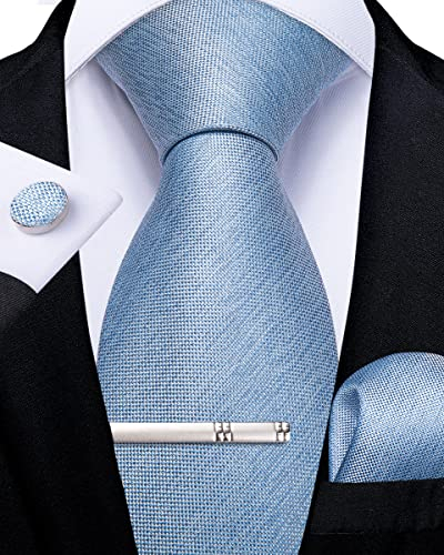 DiBanGu Hellblau Krawatte für Männer Formelle Hochzeit Seiden Blau Krawatte und Einstecktuch Manschettenknöpfe Krawattenklammer Geschenkbox-Set