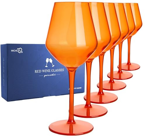 MICHLEY Colored Wine Glasses Set of 6 Long Stem Red White Tritan-Plastic Glassware Gift 15oz for Outdoor Home Party, Orange