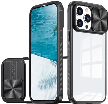 Keyihan Cover per iPhone 15 (6,1) Protezione Fotocamera con Finestrino Scorrevole,Trasparente Custodia rigida con Antiurto Bumper Morbido,Full Body Protettiva Case,Nero