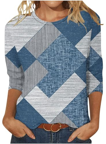 EMATOP Damen Bluse Lässige 3/4 Ärmel Tshirt Elegant Baumwolle Tunika Tops Locker Rundhals Sommershirts Bunt Streifen Longshirt Vintage Sport Longbluse Leicht Bequemes Oberteile für Alltag