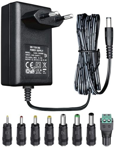 Adaptateur d'alimentation 12 V 1 A 1,8 m, Adaptateur de Commutation CA CC (entrée 100-240 V, Sortie 12 V 1 A), Prise de transformateur à Montage Mural avec 8 Prises interchangeables, homologué CE