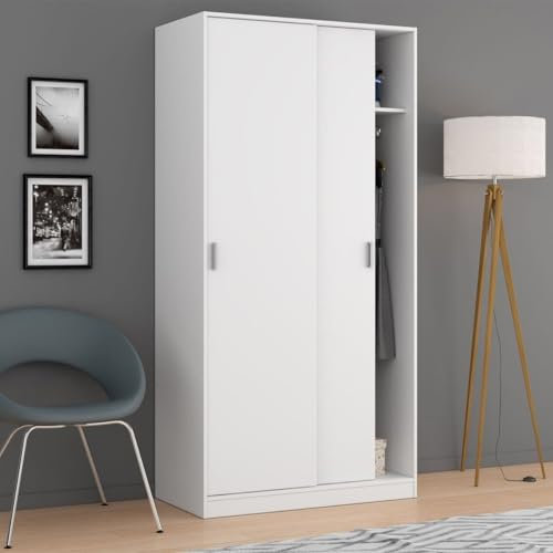White Sliding Door Wardrobe – Modern Wooden Wardrobe with 2 Hanging Rails & Shelves, Slim Space-Saving Storage for Small Bedrooms