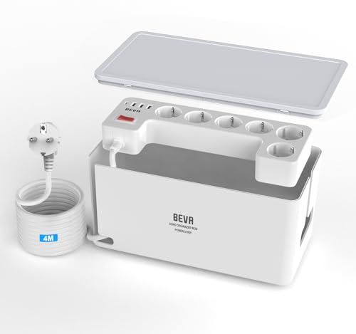 BEVA Kabelbox mit Steckdosenleiste 3680W/16A und 4M Kabel,Weiß | 1050J Steckdosenleiste Überspannungsschutz , Mehrfachsteckdose mit 6 Steckdosen+ 3USB-A+1USB-C , Mehrfachstecker mit Schalter