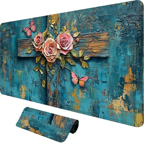 Fleur Tapis de Souris XXL 900 x 400 mm,Grand Tapis de Souris Croix Design avec Bords Cousus 3mm,Mouse Pad Gaming Accessoire Bureau Desk Decoration,Imperméable Résistant à Usure Lavable,Gifts,o-1998
