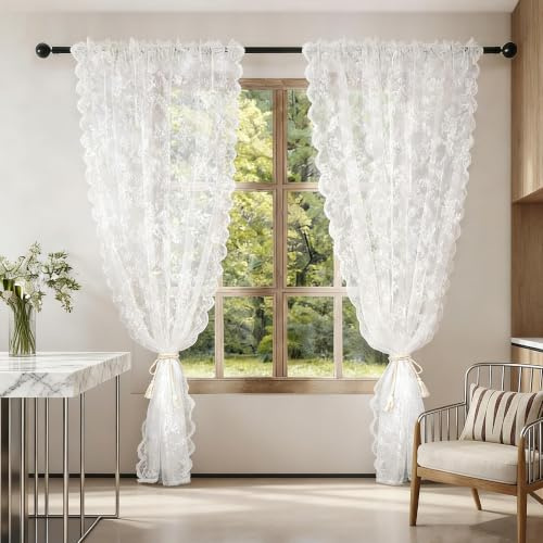 Heveer Spitzenvorhänge Durchsichtige Spitzenvorhänge 2 Paneele Vintage Blumenmuster Weiße Spitze Vorhang mit 2 Vorhang Raffhalter für Wohnzimmer Schlafzimmer 150 x 200 cm