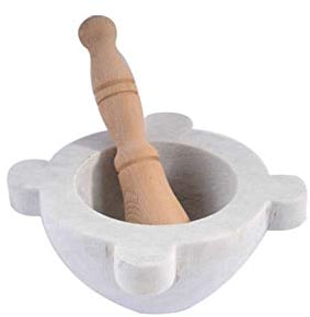 Mortier en marbre blanc de Carrare et pilon en bois