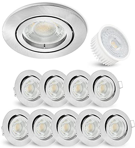 linovum 10er Set LED extra flache Decken Einbauleuchten rund - inkl. LED Modul 4W neutralweiß - Einbauspot Edelstahl Optik schwenkbar
