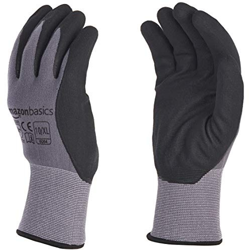 Amazon Basics Micro-Foam Nitrile Coated Safety Work Gloves, Touch Screen, Nylon Liner Fiber, for Assembly, Grey, Size 10/XL, 12-Pair
