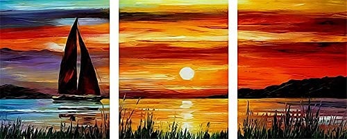 WOWDECOR DIY Malen nach Zahlen 3 teilig Bilder, Segelschiff Sonnenuntergang Meer 40x50cm x3, 3er Set triptychon XXL groß