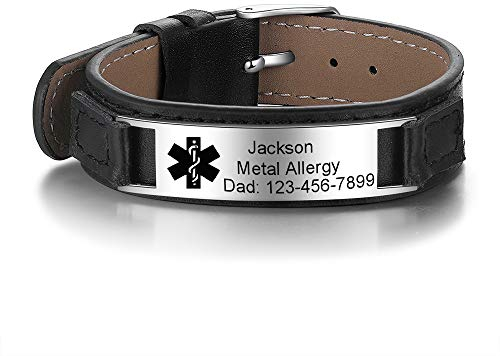 kaululu Herren Damen Personalisierte Lederarmbänder mit Namen Gravur Medical Alert ID Notfallarmband Edelstahl Armbänder für Männer Frauen Personalisierte Geschenke (#5)
