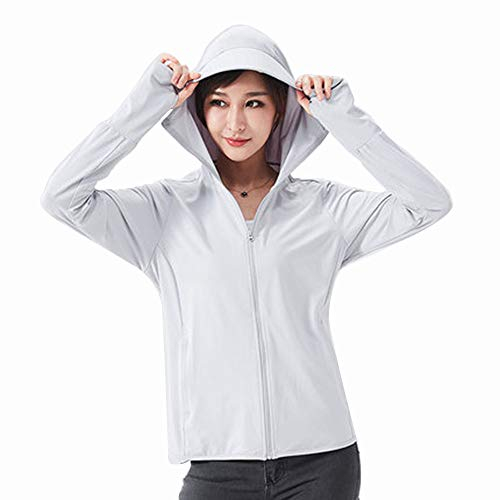 Damen Herren UPF 50+ UV Sonnenschutz Hoodie Zip Down Langarm Wandershirt Outdoor Laufen Angeln, grau, XXL