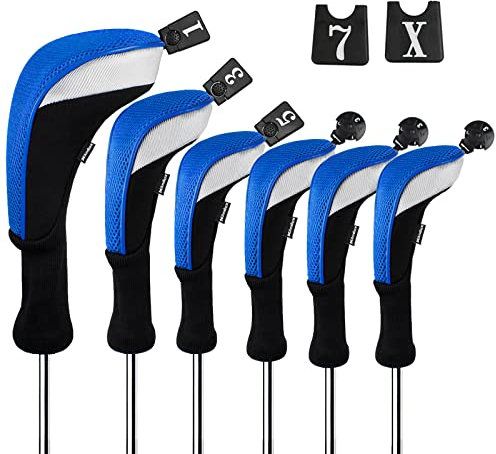 Andux Golfschlägerhauben für Golfschläger mit langem Hals (3 Hybrid + 3 Hölzer) (Schwarz/Blau), 6 Stück