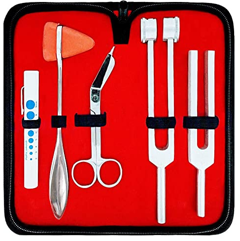 DEXSUR Diagnostics Kit - Percussion Taylor Reflex Hammer + C 128 & C 512 Tuning Forks + Bandage Scissors + Pupil Gauge Pen Light in Carrying Case - 6 Pieces Set - Silver