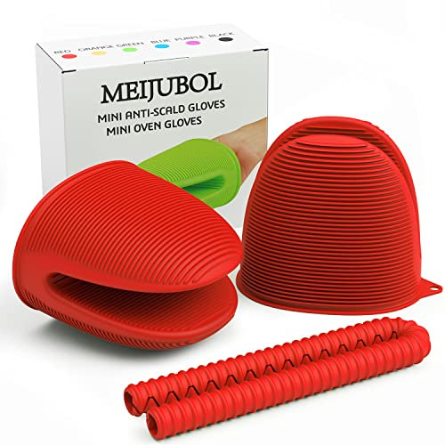 MEIJUBOL Oven Gloves Thicken Silicone Pot Holder Heat Resistant Finger Grip Mini Oven Mitts Waterproof Pinch Covers for Baking Cooking BBQ Grilling with Oven Rack Protector Red