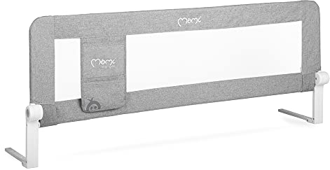 MoMi Bettgitter LEXI | 148 x 43 x 30cm | Sicherheitsgurte | Aussperrung | Öffnungseinstellung | Aufbewahrungstasche | Einfache Montage | Hellgrau