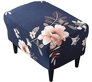 Highdi Ottomane Schonbezug Hockerbezug, Hocker Husse für Fußhocker Rechteckig, Stretch Bezug Ottomane Abdeckung Überzug Hocker Protector Waschbar Hockerabdeckung (Duftende Blume Blau)