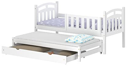 WNM Group Kinderbett Ausziehbar mit Rausfallschutz Suzie - aus Massivholz - Ausziehbett für Mädchen und Jungen - Bett mit Schublade - Funktionsbett 180x80 / 170x80 cm - Weiß