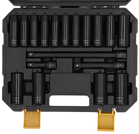 Deep Impact Socket Set, 18 Pieces Cr-V Steel Drive Socket Set, 10-24mm/0.39-0.94in Standard SAE and Metric Socket Set with Deep Sockets, Extension Bars & Carrying Case for Automobile Repair