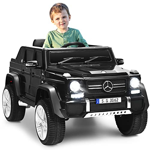GYMAX Kids Ride on Car, 12V Battery Powered Licensed Mercedes Benz Toy Car with Remote Control, Music, Story, USB/TF Slot, Storage Box & Safety Belt, Children Electric Truck for 3-8 Years Old (Black)