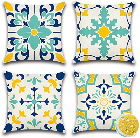 Ohok Wasserdicht Kissenbezug 45x45 cm, 4er Set Dekorativ Outdoor Kissenhülle Deko Sofakissen Couchkissen Zierkissenbezüge für Sofa Wohnzimmer Balkon Garten Auto (Yard Geometrie)