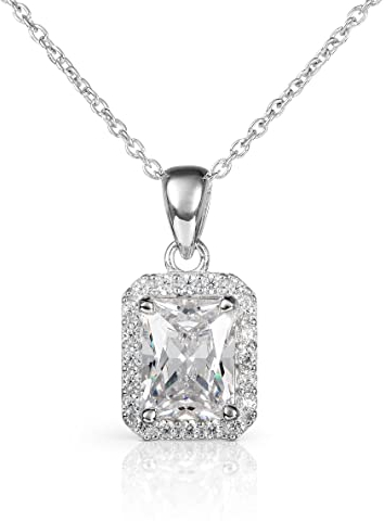 Diamond Treats Damen-Halskette mit Smaragdschliff aus 925er Sterlingsilber mit weißen Zirkonia-Steinen, elegante rechteckige Halskette aus Silber, Halskette für Damen mit Geschenkbox