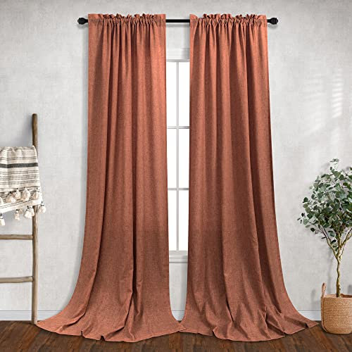 Rostvorhänge, 2 Paneele, Stangentasche, lichtdurchlässig, halbtransparent, Flachs-Leinen, Terrakotta-Farbe, Schlaf-, Wohnzimmer, Esszimmer, Terrasse, Boho Landhausstil, gebranntes Orange, 132x305 cm