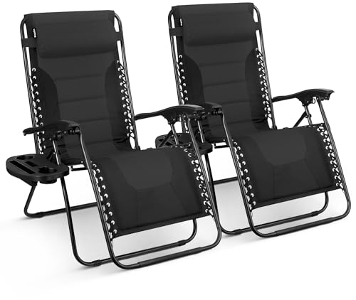 KEPLIN Set of 2 XXL Premium Heavy Duty Padded Zero Gravity Chairs - Luxurious Garden Recliners, Adjustable Headrest, Cup & Phone Holder, Foldable, Easy to Clean Patio Sun Loungers(Black)