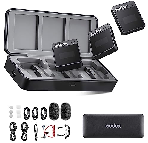 Godox Movelink II M2 Lavalier Mikrofon Wireless,2.4GHz 100m Noise Cancelling Drahtloses Mikrofon (2 TX + 1 RX) mit Ladekoffer für Android,DSLR Kamera,Smartphone,Vlog,Streaming,Interview (Schwarz)