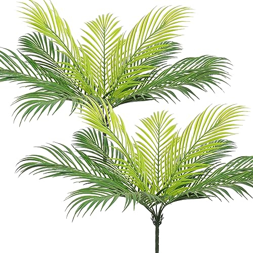 UXORSN 2 Stück Künstliche Palmenblätter Frühlings Deko Faux Tropische Busch Grün Kunstpflanze Areca Palm Plant Gefälschte Kunststoff Pflanze für Party Garten Innen Außen Palmblatt Dekor