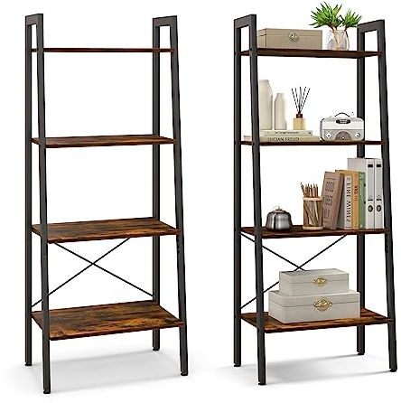 GIANTEX Leiterregal Holz 4 Ebenen, Standregal Bücherregal Industrie-Stil, Stufenregal Treppenregal mit Kippsicherung & verstellbaren Fußpolstern, Pflanzenregal Metallrahmen (Rustikales Braun)