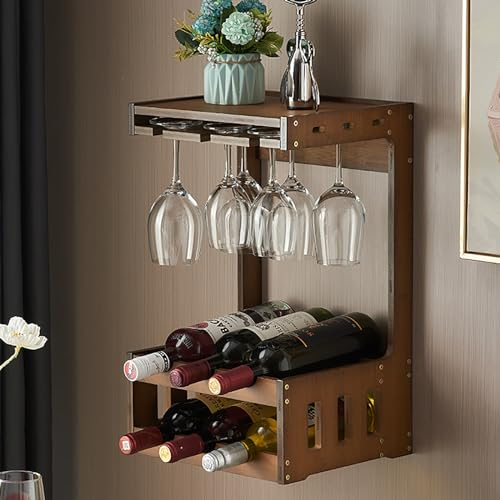 LLYLAFDC Portabottiglie da Parete Porta Calice Vintage Porta Bottiglie Vino da Parete Cremagliera Quadrata Fissata al Muro da Bancone da Cucina Porta Calici per Bicchieri da Vino