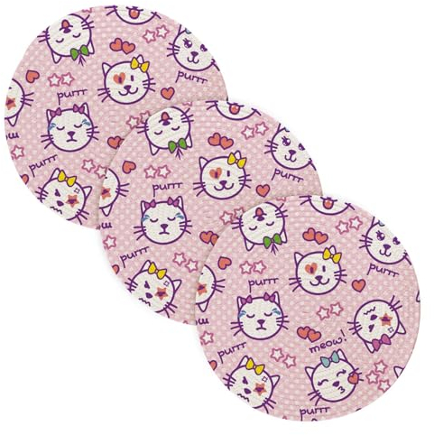 Rutschfeste Untersetzer für heiße Töpfe und Pfannen, 38,1 cm, Baumwollfaden, absorbiert Wasser, heiße Matten für Mikrowelle, Herd, Küche, Gadgets, Kawaii-Katzengesichter, Purrr Stern, Rosa, 3 Stück