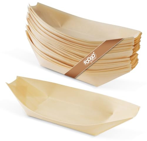 FOOGO Green 500Pcs Disposable Wooden Bamboo Boats, 9(22.9cm), FSC® Certified, for Barbecue, Garden Party, Salad & Snacks, Eco-Friendly, Biodegradable, Wedding Party, Like Palm Leaf and Paper Bowls