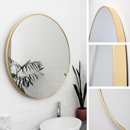 M MERCEO Spiegel rund 60cm, eingefasst im edlen goldenem Aluminium Rahmen - aufhängefertiger Wandspiegel mit kristallklarer Spiegelung mit High-Definition-Glas - für Bad, Flur, Wohnzimmer