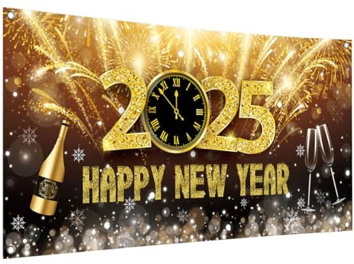 Jonami Silvester Deko 2025 Neujahrs Hintergrund Banner XXL Neujahr Dekoration, Happy New Year 2025 Stoff Banner für Silvester Thema Party Indoor und Outdoor