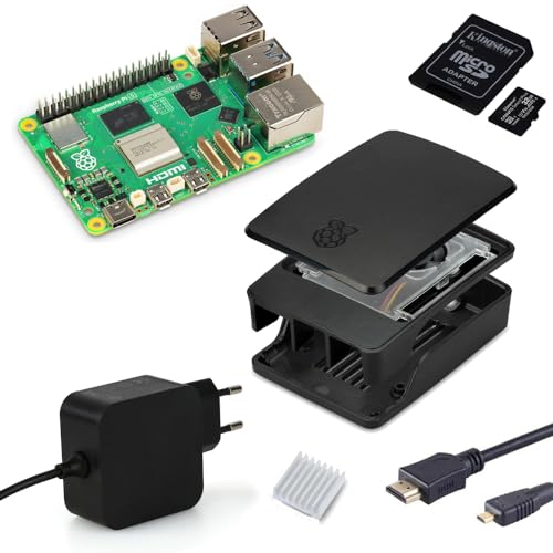 Raspberry Pi 5 8 GB Starter Kit nero | Alimentatore USB-C 45 W | Alloggiamento con ventola | Scheda SD Ultra 64 GB | Cavo Micro HDMI 4K | Dissipatore di calore | Raspberry Pi 5 8 GB RAM