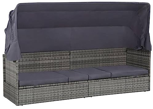 ARKEM Gartenbett mit Baldachin Grau 205×62 cm Poly Rattan TerassenmöBel AußEn Sonnenliege Rattan Sonnenliege Polyrattan Gartenliege Mit Auflage
