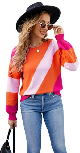 HEYPORK Damen Herbst Winter Warm Bequem Pullover Casual Mode Strickjacke Strickpullover Frauen Pullover Patchwork Rundhals Lose Strickpullover Pullover