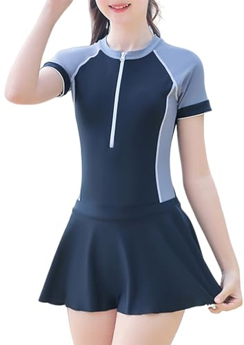 Maeau Maillot de Bain Jupe Fille 2 Deux Pièce 11 12 13 Ans Anti UV Sport Tankini Costume de Plage Shorty Zippé Combinaison de Natation Enfant Rashguard Manche Courte Shorts Tenue Ensemble Piscine Noir
