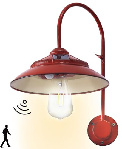 Fashionoda Solar Gooseneck Lights Outdoor Waterproof - Motion Sensor Rustic Vintage Porch Lights with Clear Glass LED Edison Bulbs and 4 Solar Panels for Barn,Patio,Coop,Shed and Courtyard(Red 1P)