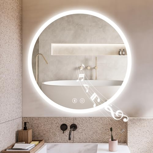 YOLEO Badzimmerspiegel mit Beleuchtung rund, Badspiegel LED mit Bluetooth-Lautsprecher, Wandspiegel mit Touchschalter und Explosionsgeschütztes Glas, 3 einstellbare Lichtfarbe, 60x60cm