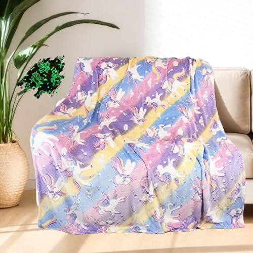 ACTOYS Regenbogen Einhorn Decke, Kuscheldecke für Kinder, Decke Leuchtet im Dunkeln, Weiche Wohndecke, Bett Sofa Flauschige Einhorn Decke, MäDchen Geschenke für Geburtstag Ostern Weihnachten