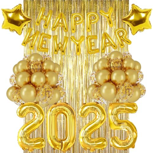 Happy New Year Deko 2026, Silvester Deko 2026, Deko Silvester Party, Happy New Year Folienballon Banner, 2026 Zahlen Folienballon, Gold Regenvorhang für Silvesterpartydeko Neujahrsdeko Accessoire