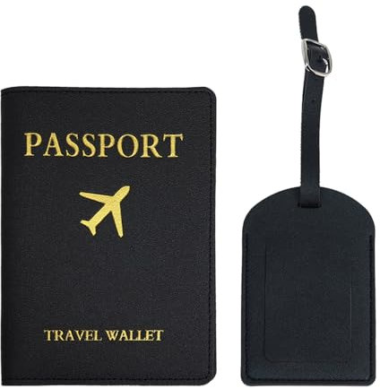 YMWALK Porta Passaporto e Etichette per Valigie, Custodia per Passaporto, Porta Carte di Credito e Documenti da Viaggio in Pelle PU, Set Accessori per Viaggi d'Affari (Nero)