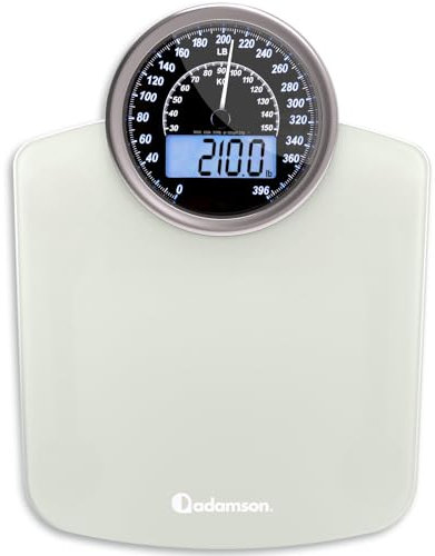 Adamson Pèse-personne Hybride + 2-en-1 Digital et Analogique - Jusqu'à 400 lbs - Verre trempé épais - Grand écran - Lecture facile + NOUVEAU