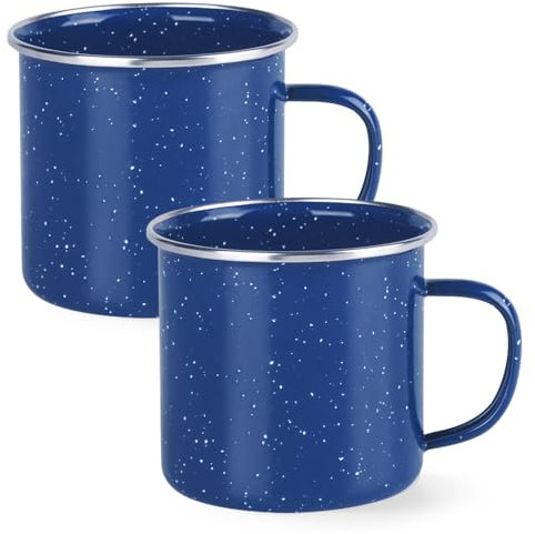 Bieiyhe 2 Er Emaille Tasse 380 ml,Emaille Becher Vintage,Campingtasse,Blechtassen Mit Henkel,Enamel Mug,Kaffeetasse für Outdoor,Coffee Trinkbecher,Mug Becher,Becher zum Campen für Geschenk-Blau