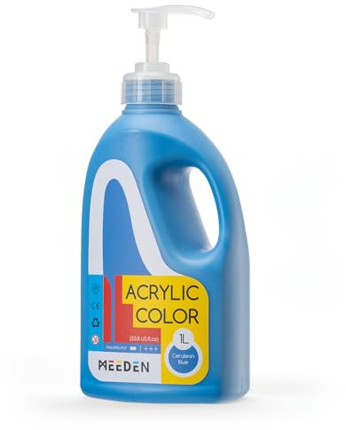 MEEDEN Cerulean Blue Acrylic Paint: 1 L /33.8 oz Satin Liquid Paint with Pump Lid - Soft Body Art Paints for Canvas, Studio, School, Wall & Poured Paintings