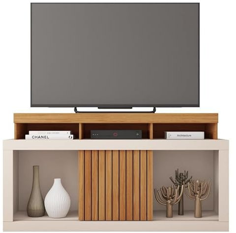 Meuble TV 55 Pouces Chêne et Blanc Ecru 1 Porte 6 roulettes L 136 H 74 P 39 cm